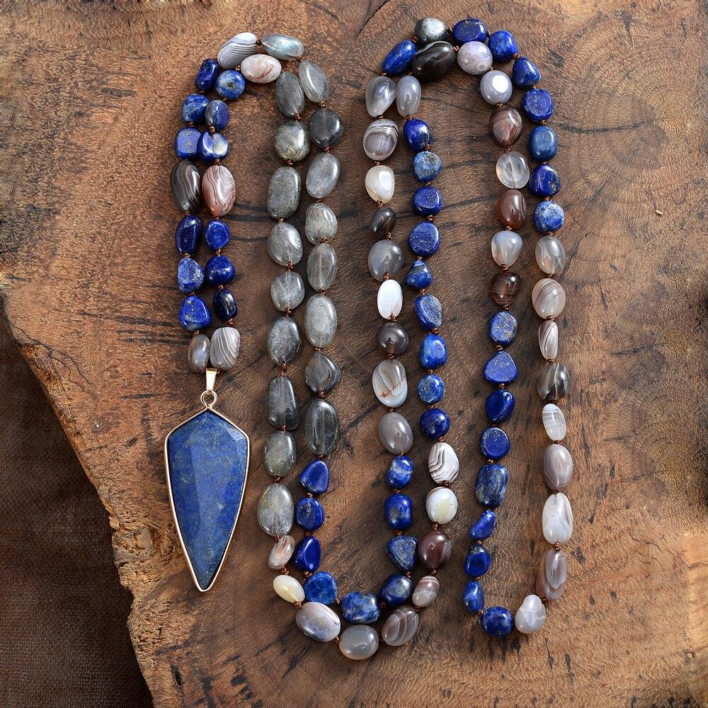 Elegant women's protective mala necklace. Aurealis design with blue Lapis, iridescent Labradorite, and earthy Agate stones.