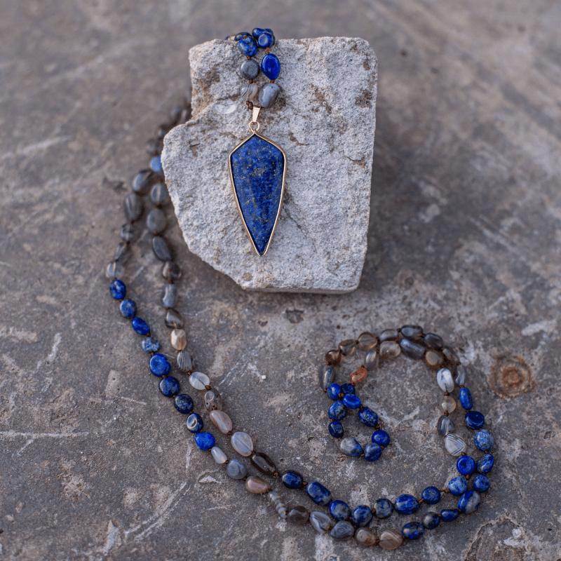 Women's Protective Aurealis Mala Necklace for meditation & healing. Features Lapis, Labradorite, & Agate spiritual jewelry.
