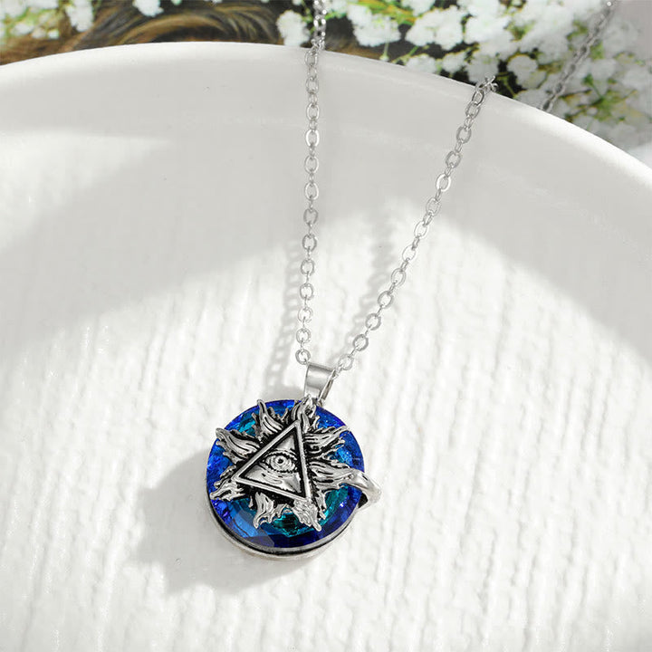 Women's model wearing a Protective Evil Eye Necklace. Spiritual amulet & fashion jewelry symbolizing strength.