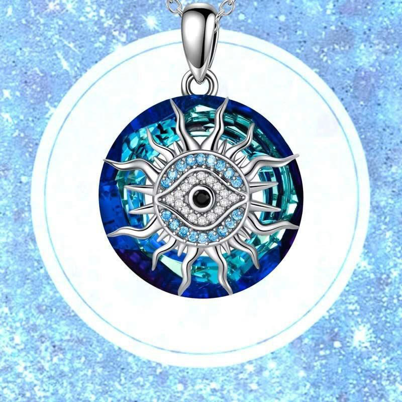 Close-up of Women's Evil Eye Necklace, showing intricate gemstone detail. A symbolic spiritual amulet & talisman.