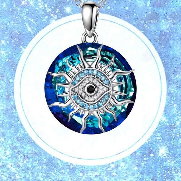Close-up of Women's Evil Eye Necklace, showing intricate gemstone detail. A symbolic spiritual amulet & talisman.