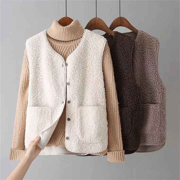 Women's Provence Cozy Layering Vest in cream white. Soft, button-down outerwear for autumn & winter fashion.