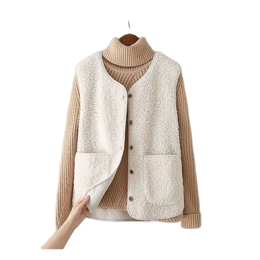 Close-up of a women's taupe grey Provence Cozy Layering Vest, showing soft, textured fabric and button detail.
