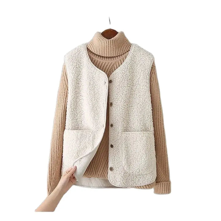 Close-up of a women's taupe grey Provence Cozy Layering Vest, showing soft, textured fabric and button detail.