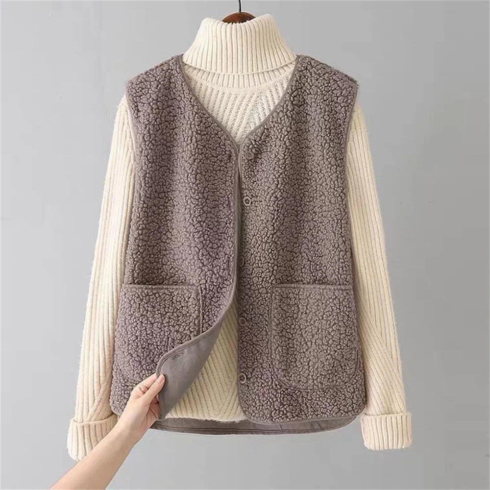 Women's Provence Cozy Layering Vest in cream, a versatile button-down outerwear piece for winter fashion.
