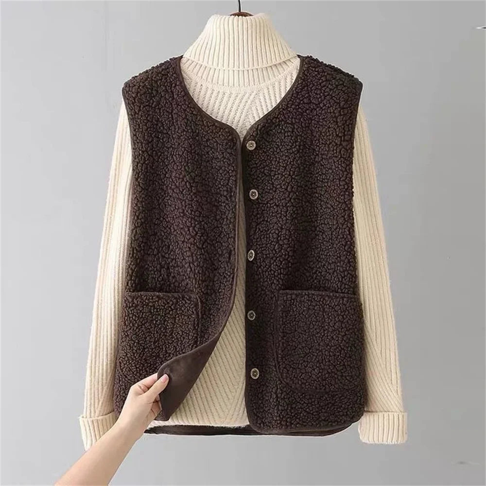 Stylish women's taupe grey Provence Cozy Layering Vest with button-down front, ideal autumn & winter outerwear.