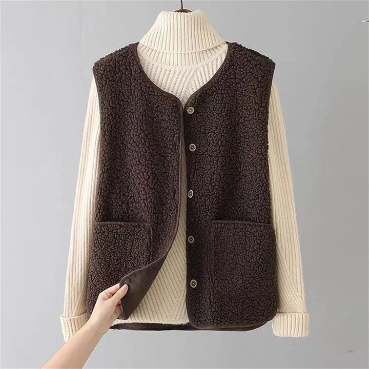 Stylish women's taupe grey Provence Cozy Layering Vest with button-down front, ideal autumn & winter outerwear.