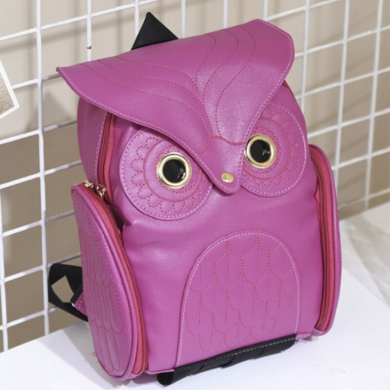 Versatile multi-pocket PU leather owl backpack for women, great for school or leisure.