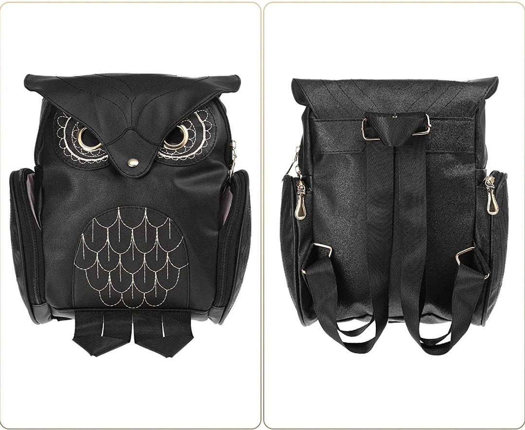 Durable PU leather women's owl print backpack, ideal as a daypack or travel bag.