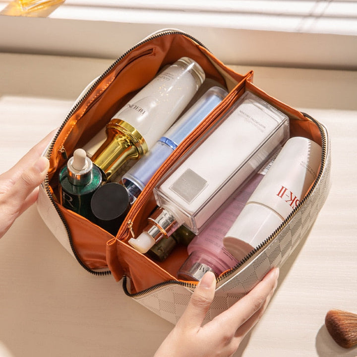 LuxeCarry women's PU leather cosmetic bag, a durable and water-resistant makeup organizer for travel