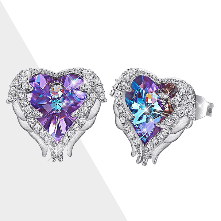 Women's purple & blue crystal angel wing heart earrings. Elegant spiritual jewelry gift for her.