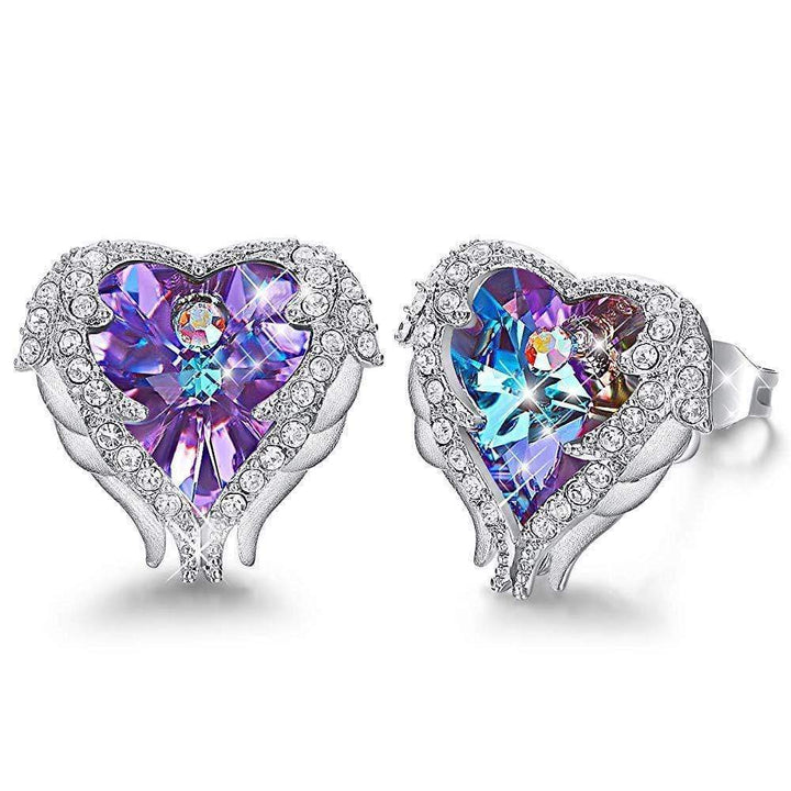 Sparkling women's angel wing heart earrings, adorned with purple & blue crystals. Beautiful spiritual gift jewelry.