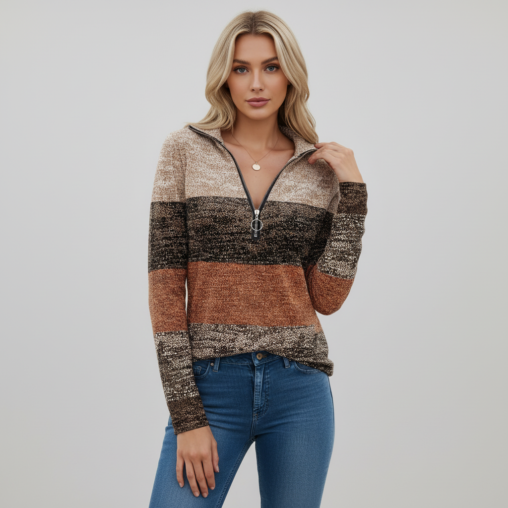 Saskia ladies fashion sweater with quarter zip, classic striped knitwear design