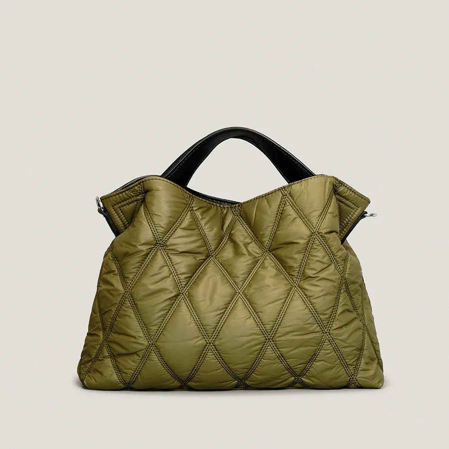 Elegant cotton down quilted tote bag for women, featuring a comfortable design and a chic everyday look.