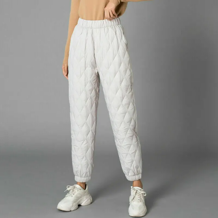 High-rise quilted puffer joggers for women, cozy winter loungewear & comfortable style.