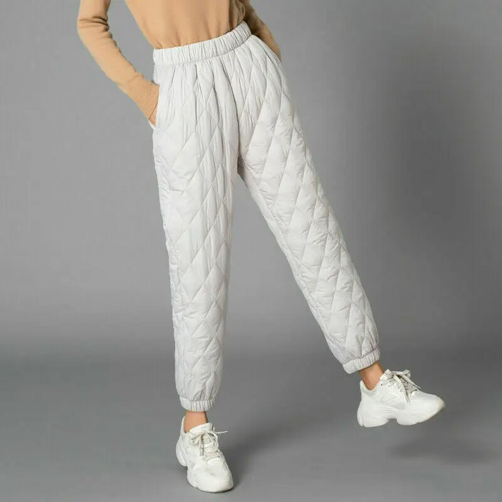 Warm women's puffer joggers, perfect for everyday casual wear & cozy winter fashion.