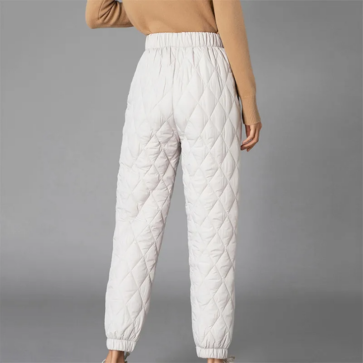Cozy quilted puffer joggers for women, ultimate comfortable winter style & warm bottoms.