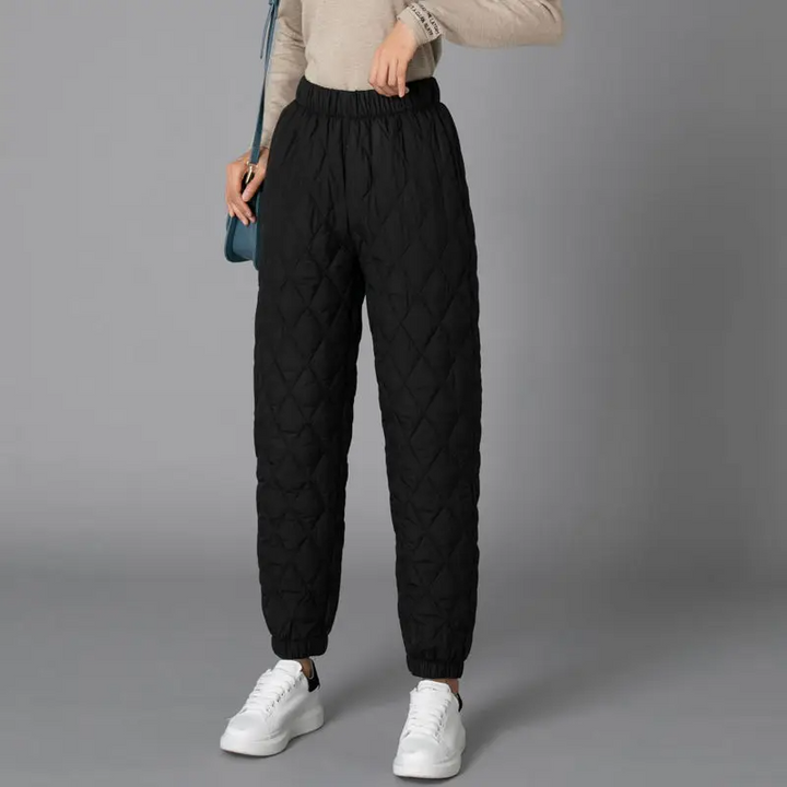 Chic women's quilted puffer joggers, stylish and warm for cold weather & everyday wear.