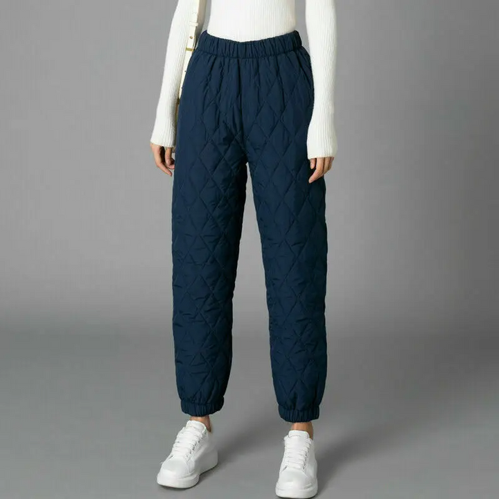 Relaxed fit women's quilted puffer loungewear joggers, cozy, soft & stylish.