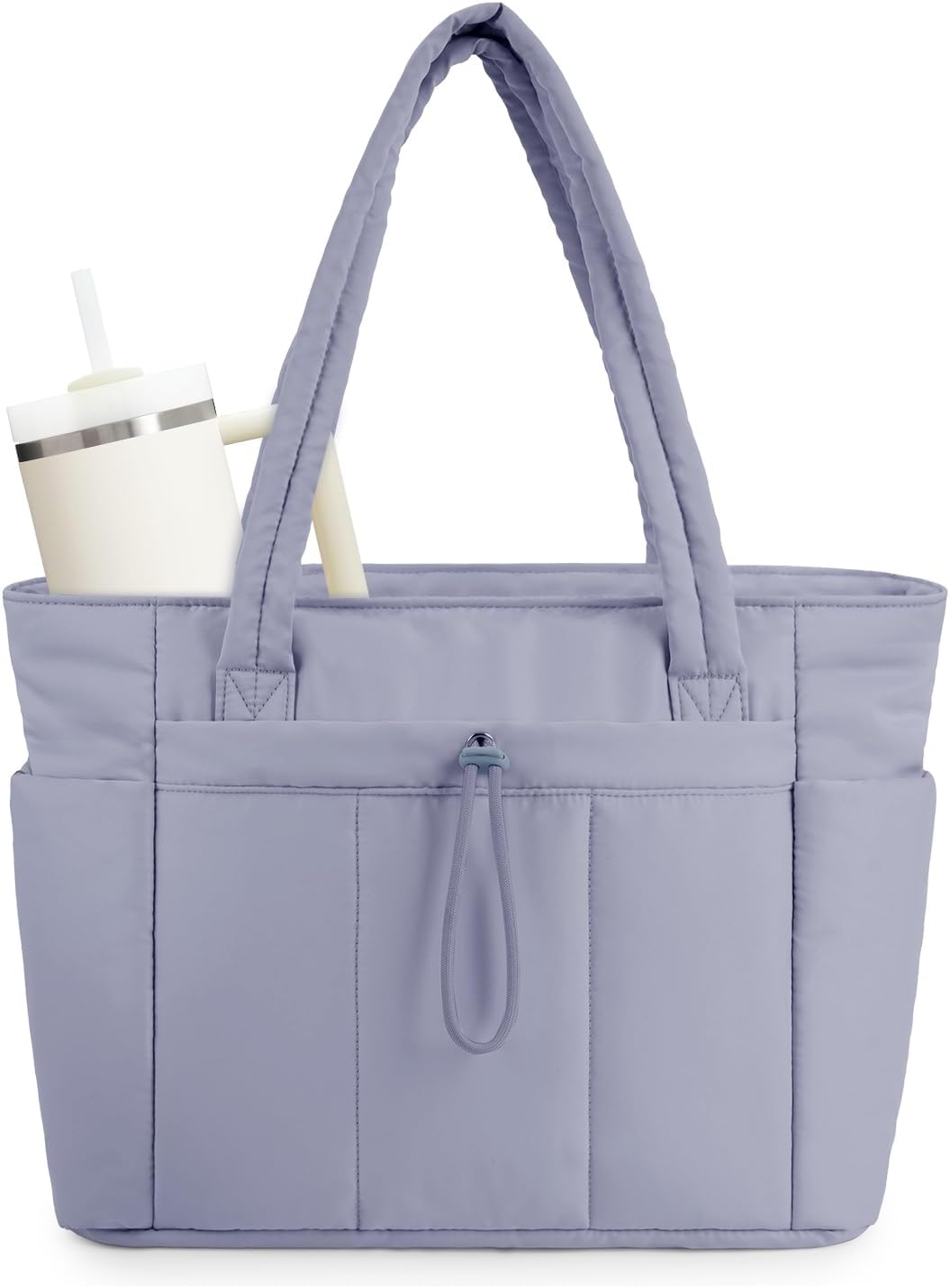 Women's travel-ready puffer tote with laptop sleeve, cup holder & luggage pass-through.