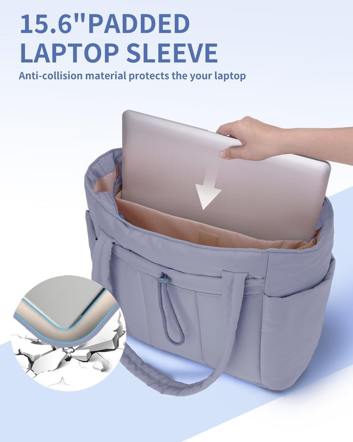 Chic women's quilted puffer shoulder bag, ideal for work with a laptop & bottle holder.
