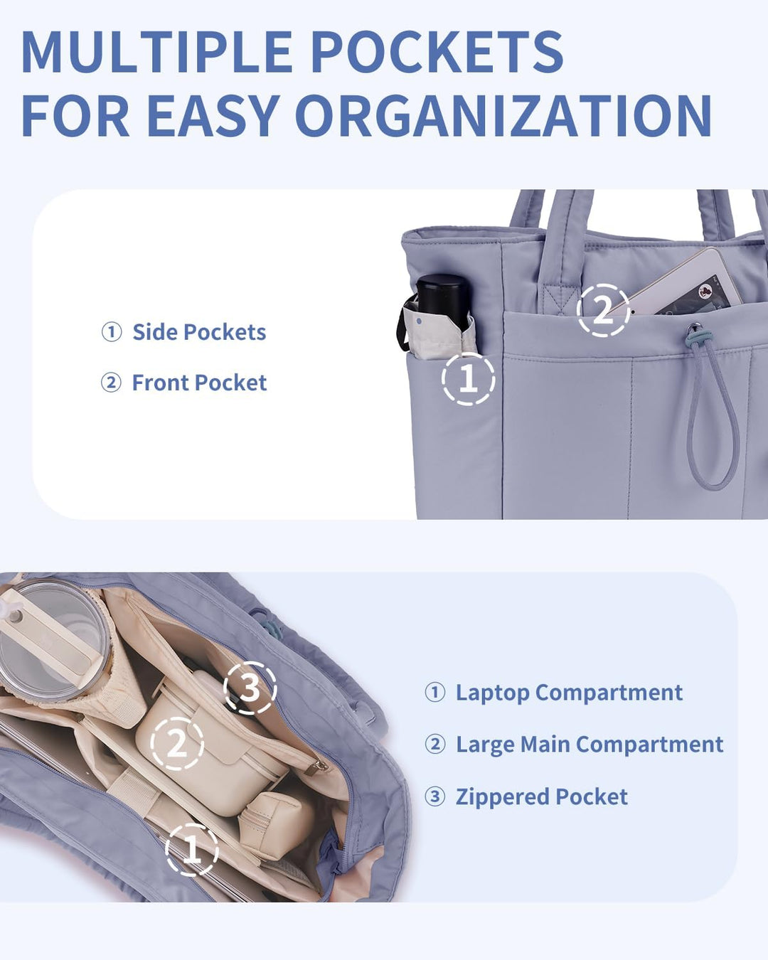 Quilted tote bag with a cup holder detail, highlighting its travel convenience