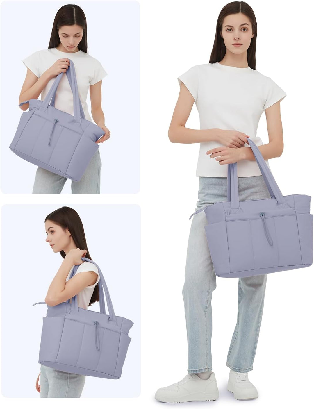 Versatile women's quilted puffer bag, perfect for travel & work, includes cup & laptop space.