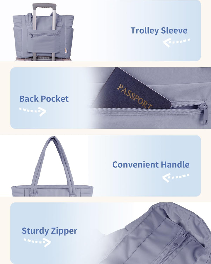 Open quilted tote bag revealing multiple compartments and laptop sleeve