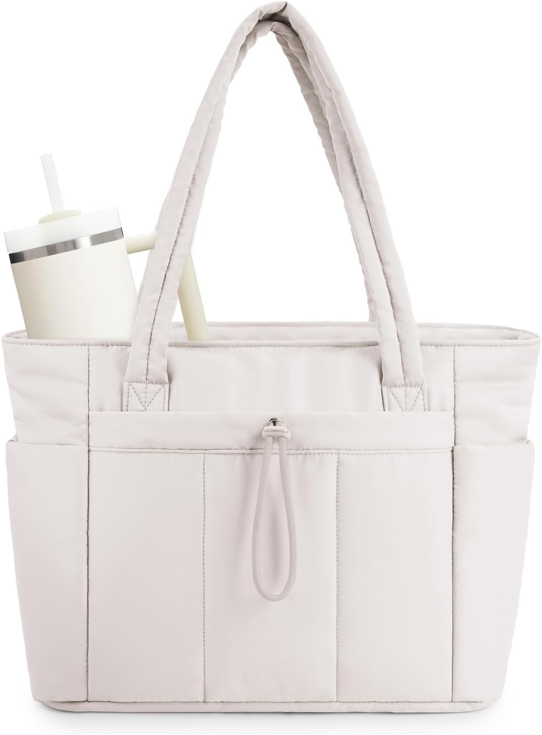 Women's quilted puffer tote bag with laptop sleeve & cup holder, perfect for work & travel.