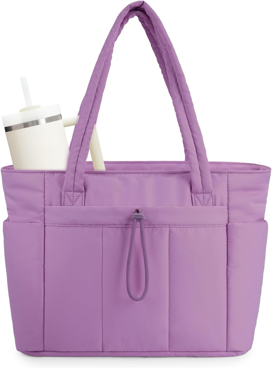 Women's multi-functional quilted puffer tote, ideal for organization with laptop & cup slot.