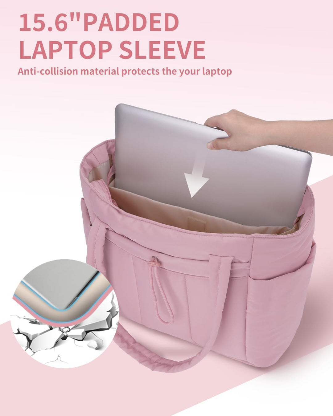 Modern women's quilted puffer travel bag, laptop sleeve, cup holder & convenient luggage strap.