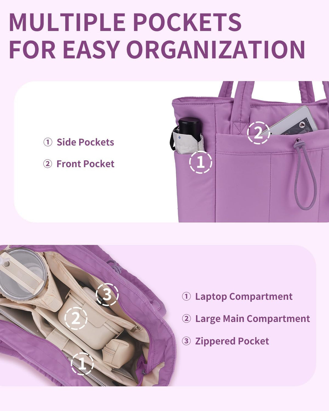 Puffer tote bag with contrasting interior lining and smart organization