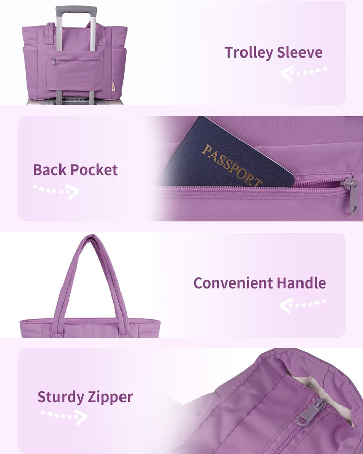 Smart women's quilted puffer bag, designed for laptop, cup holder & effortless organization.