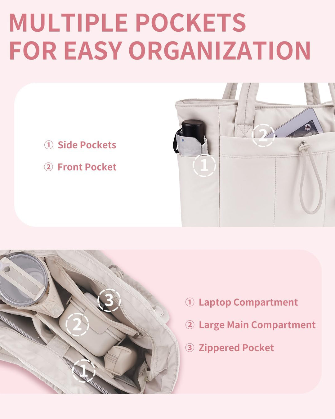 Professional women's quilted puffer work tote, laptop sleeve, cup holder & stylish design.
