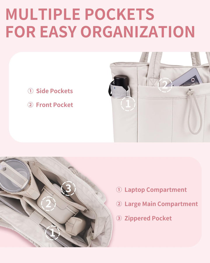 Professional women's quilted puffer work tote, laptop sleeve, cup holder & stylish design.