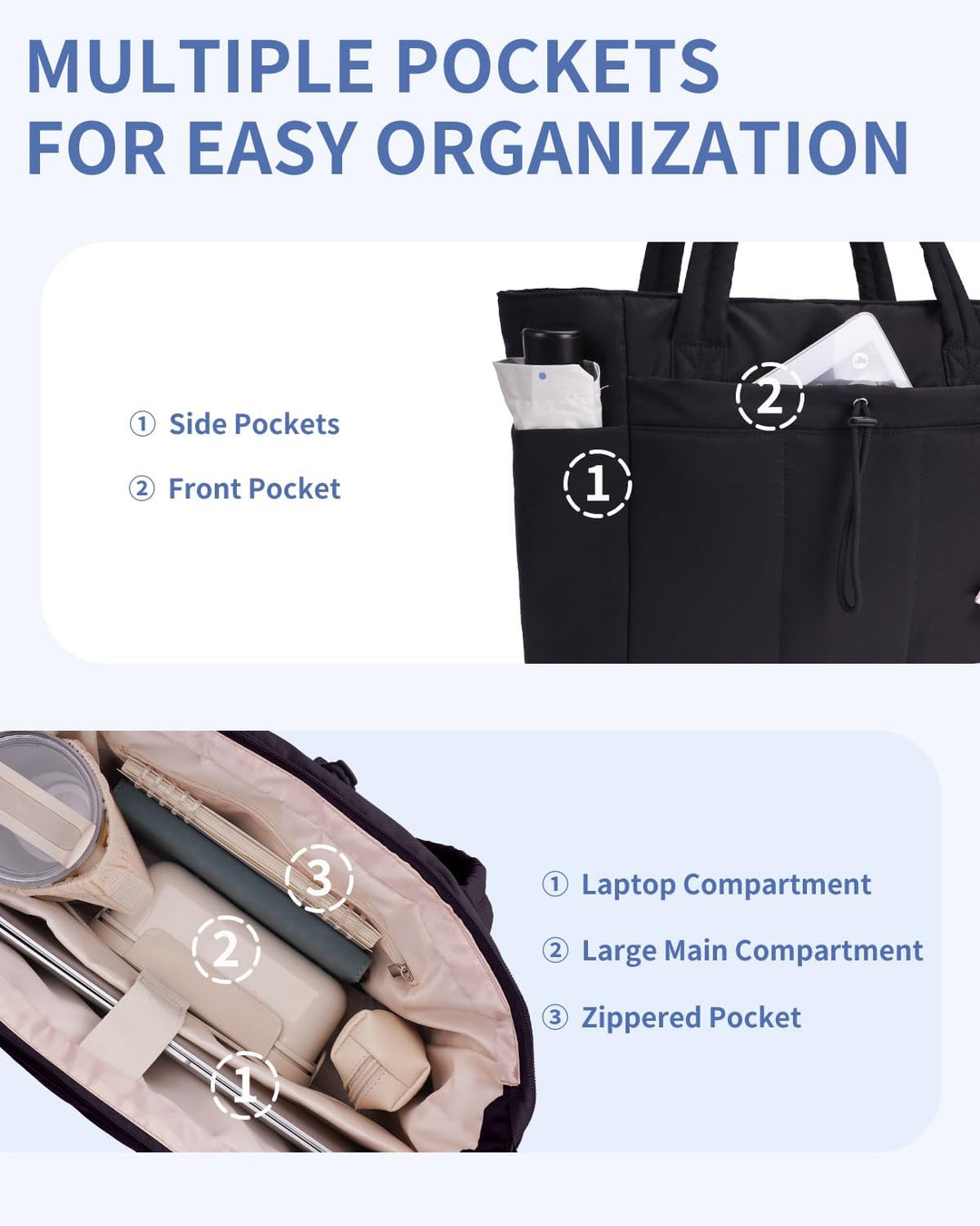 Women's sleek quilted puffer work bag, with laptop sleeve, cup holder & multi-pocket utility.