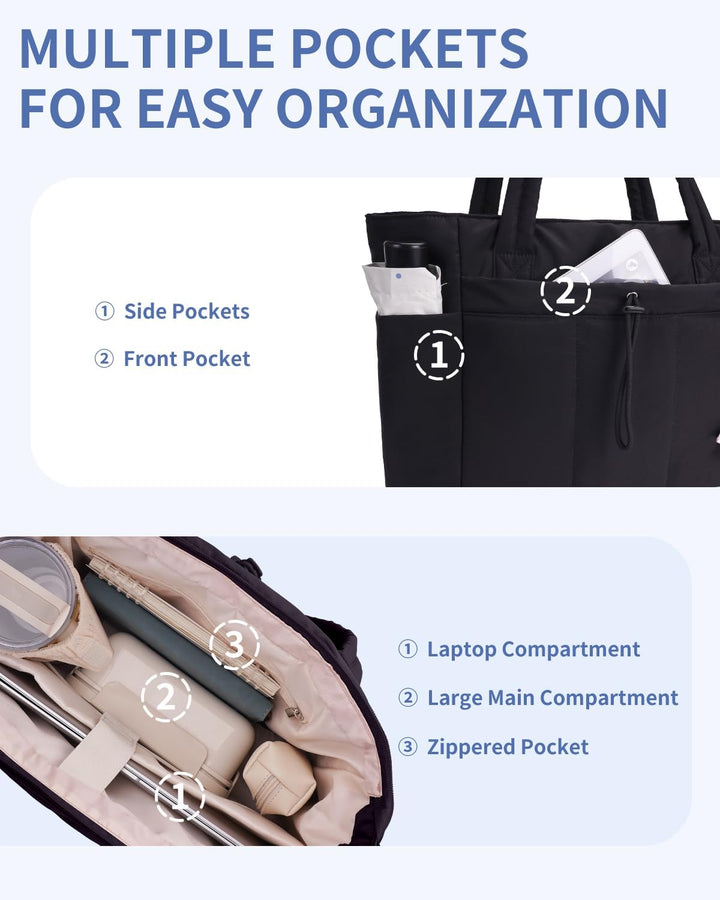Women's sleek quilted puffer work bag, with laptop sleeve, cup holder & multi-pocket utility.