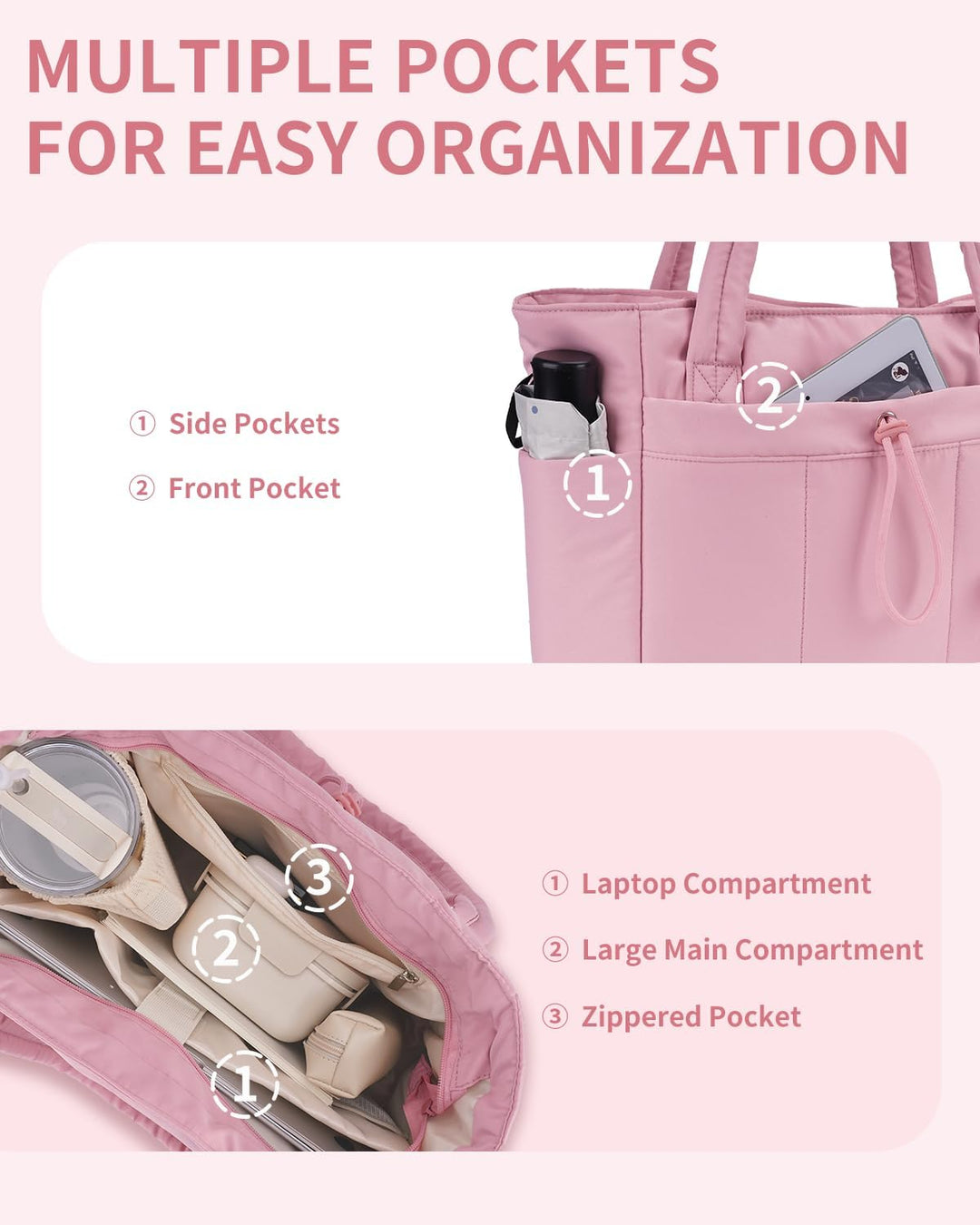 Women's convenient quilted puffer travel tote, laptop sleeve, cup holder & luggage sleeve.