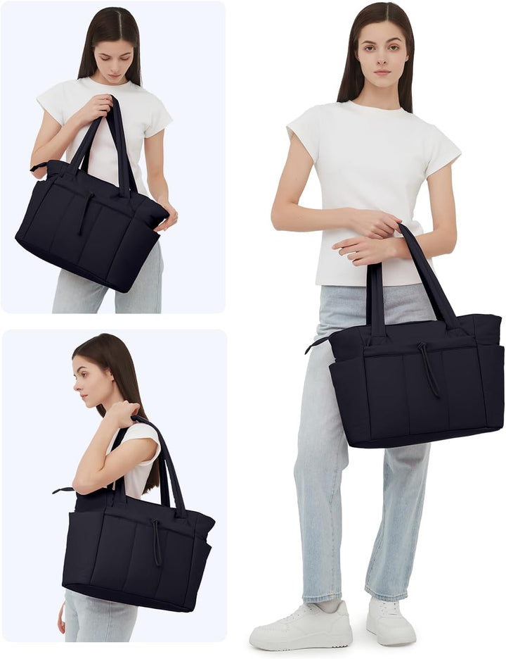 Woman packing her laptop into the dedicated sleeve of the quilted puffer tote