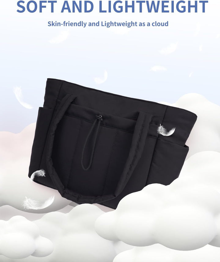 Women's modern quilted puffer shoulder bag, laptop sleeve, cup holder & large capacity.