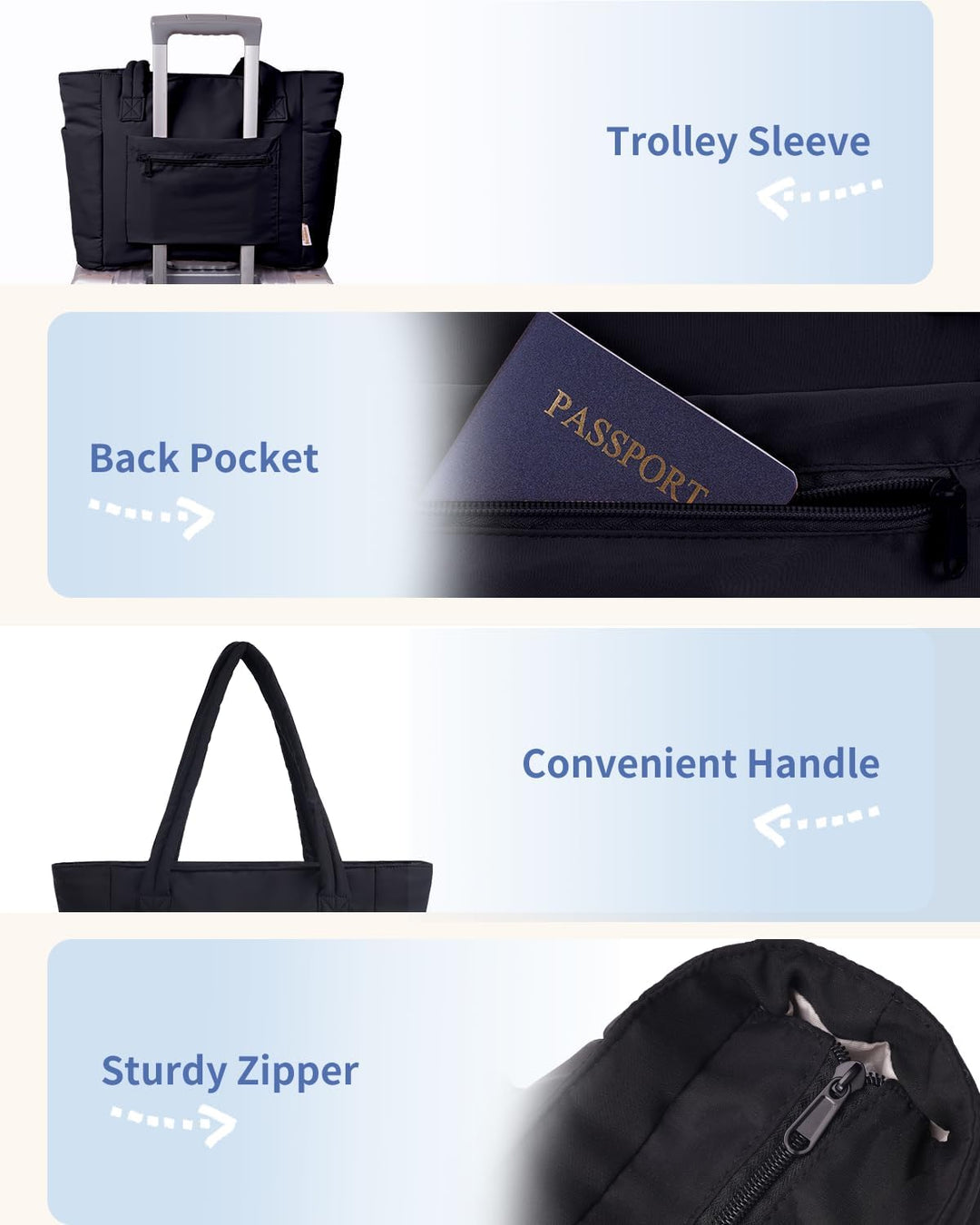 Women's must-have quilted puffer tote, with laptop sleeve, cup holder & travel-friendly design.