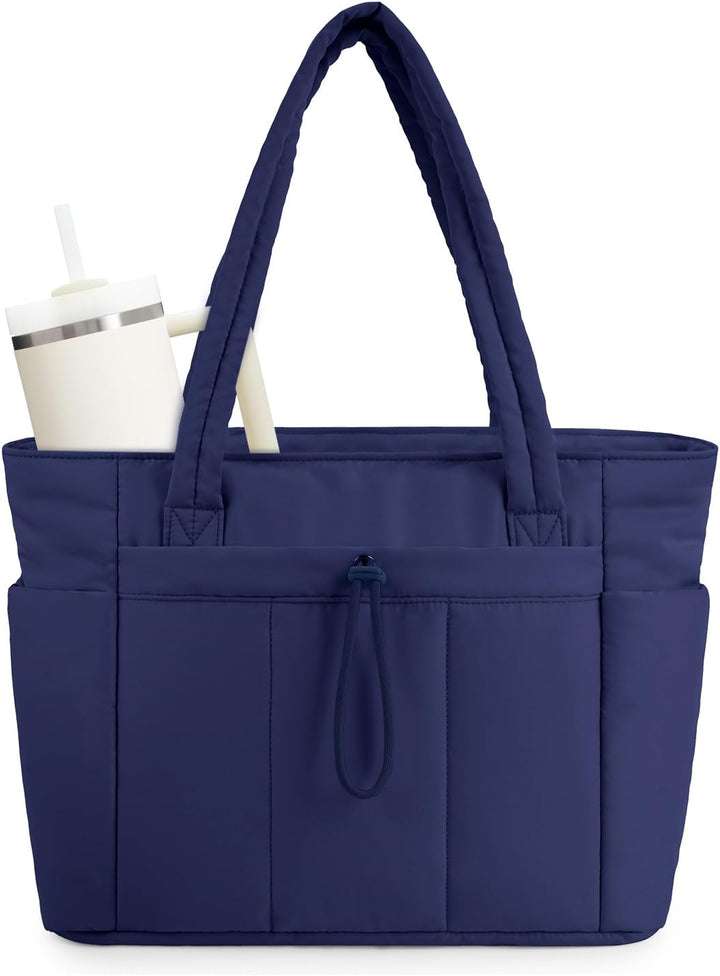 Puffer tote bag compatible with various laptop sizes, offering secure storage