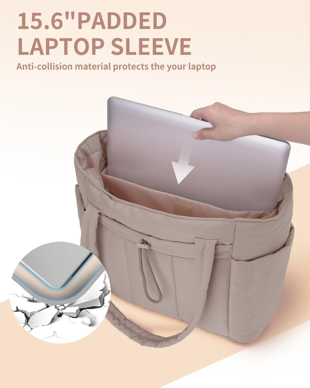Quilted puffer travel bag for women, featuring a laptop compartment & convenient cup holder.