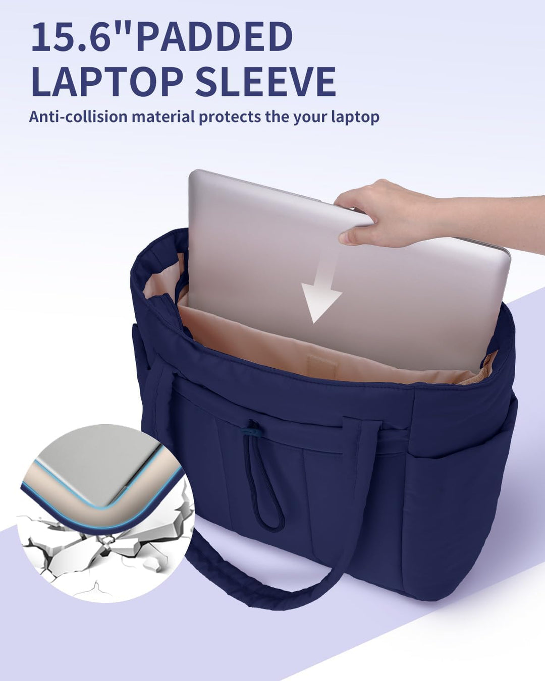 Quilted tote bag on a luggage handle, demonstrating its travel-friendly feature
