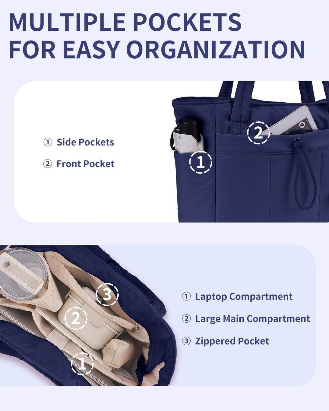 Women's cozy quilted puffer tote, laptop sleeve, cup holder & comfortable to carry.