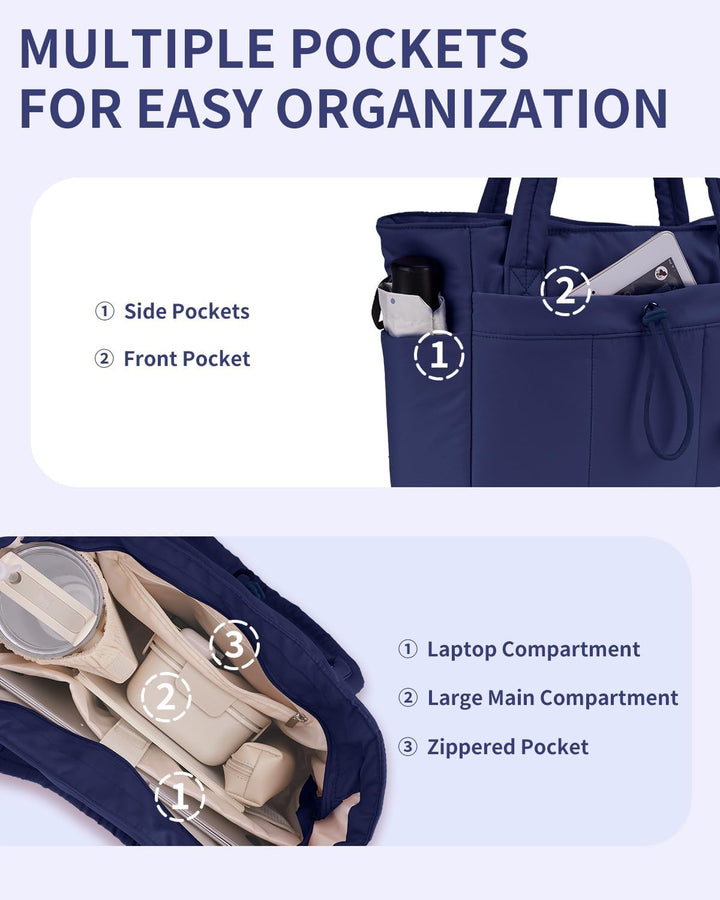 Women's cozy quilted puffer tote, laptop sleeve, cup holder & comfortable to carry.
