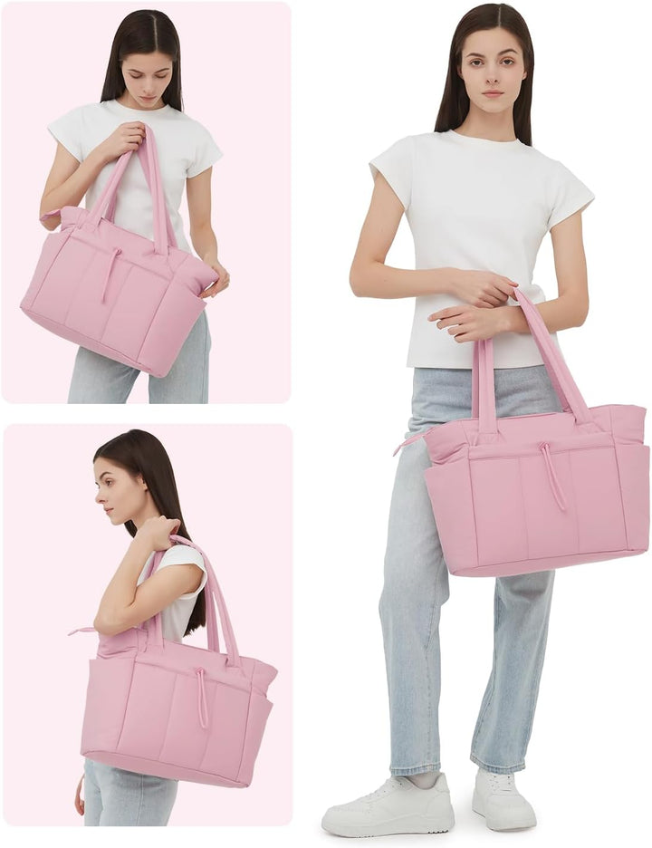 Quilted puffer tote bag in a casual setting, being used for everyday errands