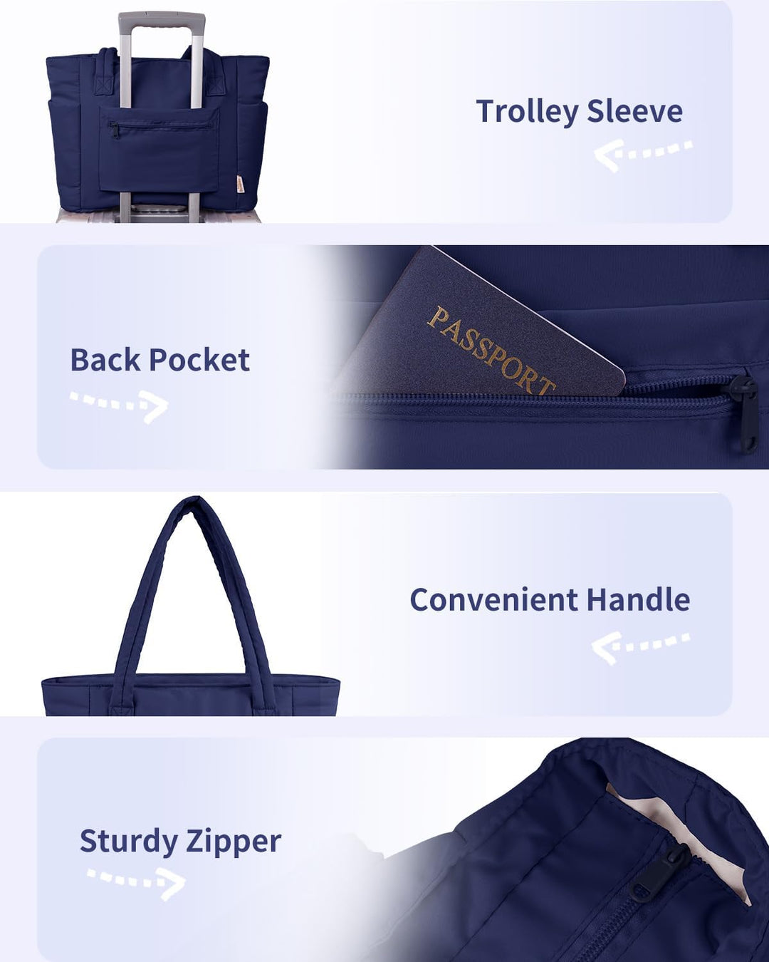 Women's unique quilted puffer travel bag, laptop sleeve, cup holder & luggage pass-through.