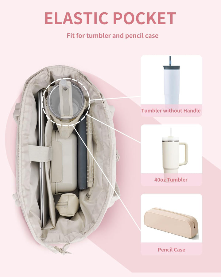 Everyday women's work bag: quilted puffer tote with laptop sleeve, cup holder & organization.