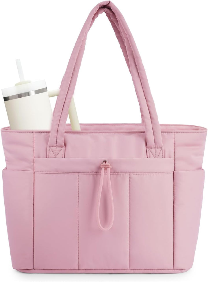 Women's innovative quilted puffer travel bag, laptop sleeve, cup holder & smart features.